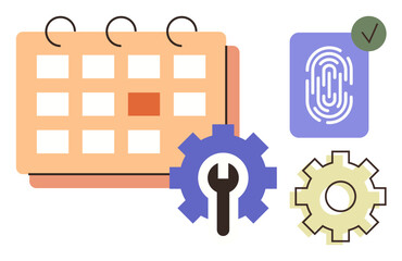 Calendar planner, fingerprint authentication, gear icons for settings highlight time management, security, and customization. Ideal for productivity, scheduling, tech, organization workflow