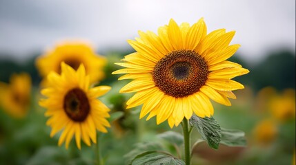 Fototapeta premium A field of vibrant sunflowers is dominated by a single prominent bloom set against a cloudy sky