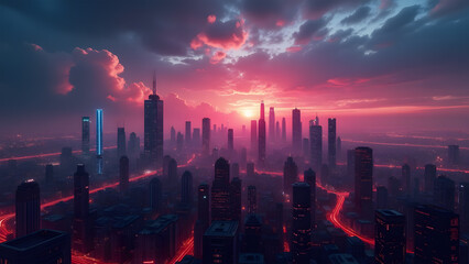 Fototapeta premium Magenta Sunset Over a Modern City Skyline