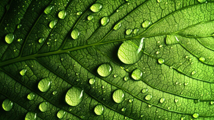 fresh green leaf covered with raindrops and highlighted by the sun