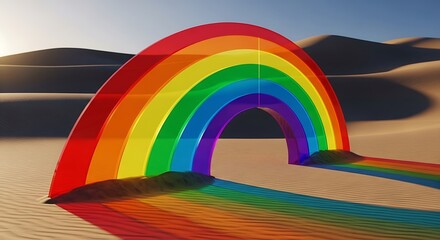 Rainbow over the desert landscape, vibrant colors and surreal scenery with dunes