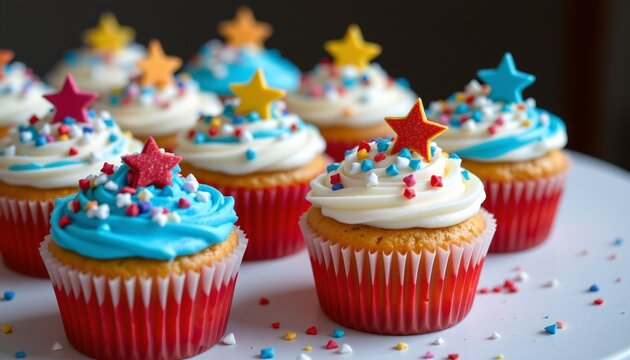 star sprinkles on frosted cupcakes, july 4th, no people, no text, no logo