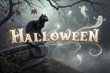 Black cat sits on a rock with the word halloween and ghosts in a spooky forest
