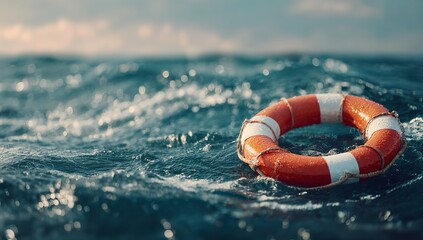 Life Preserver Floating in Ocean Waves with Splashing Water and Copy Space for Web Banner Design