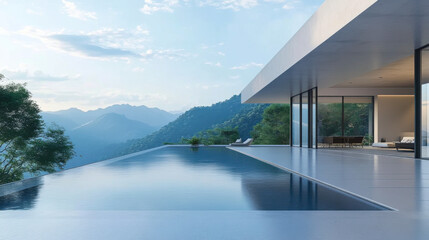Perspective of modern building with terrace and swimming pool on mountain view background