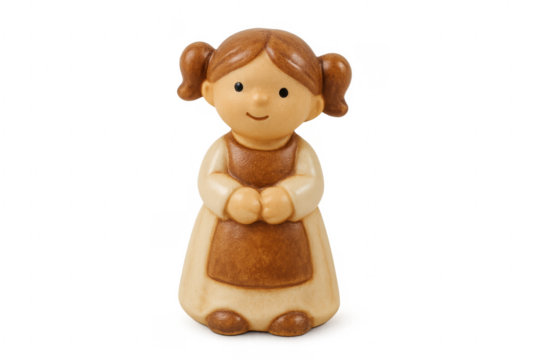 Ceramic figurine of praying girl with brown hair and apron on transparent background