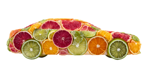 Side View Of Car Made Of Citrus Fruit Slices On Transparent Background, PNG