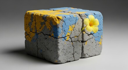 Resilience: A flower blooms from cracked concrete block, symbolizing hope