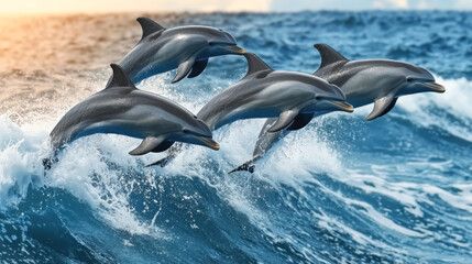 Fototapeta premium beautiful dolphins jumping over breaking waves