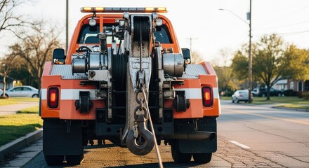 Golden Hour Glow on a Heavy-Duty Orange Tow Truck's Winch and Hook