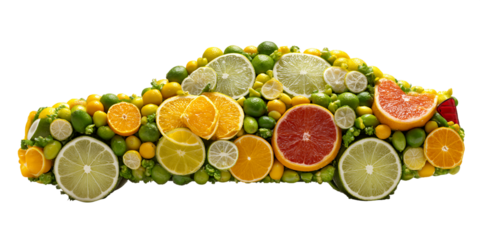 Citrus Car Made of Sliced Limes Oranges Grapefruit and Kumquats on Transparent Background, PNG