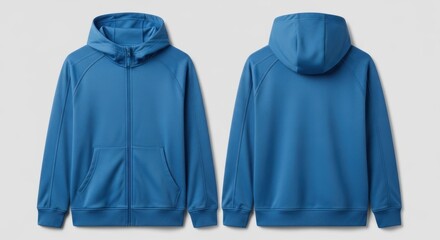 Vibrant Blue Zip-Up Hoodie Mockup with Raglan Sleeves, Front and Back Views