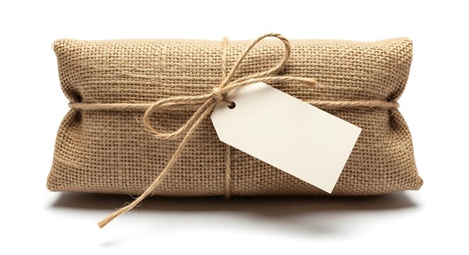Rustic Gift Wrapped in Burlap with Twine and a Blank Tag Isolated on White