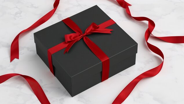 Black gift box with red ribbon and scattered ribbon on white marble