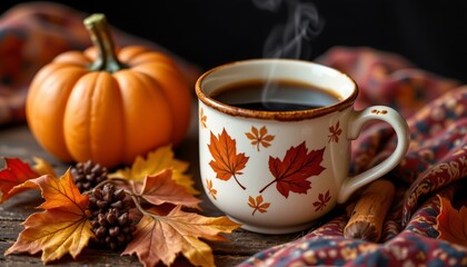 maple leaf mug with hot cider, halloween, no people, no text, no logo