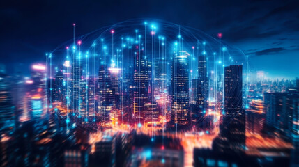 Abstract technology icons, night aerial panoramic cityscape