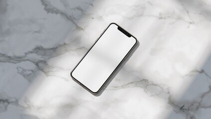 Blank screen smartphone mock up on white marble with shadow overlay