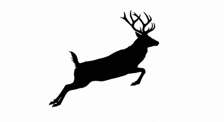 Fototapeta premium Black silhouette of a jumping deer with antlers extended on a white background