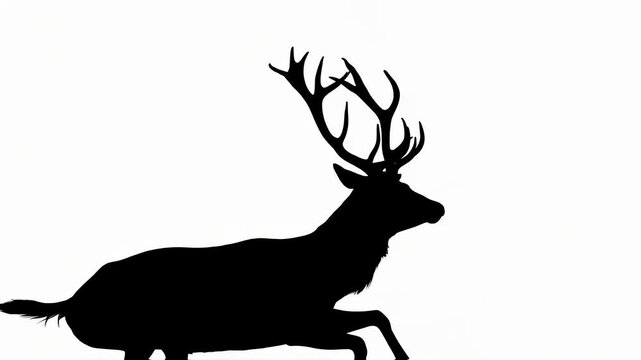 Black silhouette of a jumping deer with antlers extended on a white background