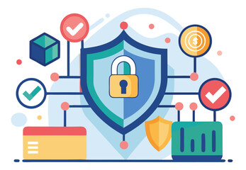 Digital security illustration with a central shield and padlock, surrounded by connected icons representing data, network protection, and security checks.