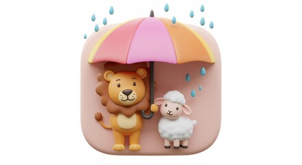 Obraz premium Lion and sheep sheltering under umbrella