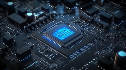 Fototapeta premium Glowing computer chip and CPU motherboard technology circuit board