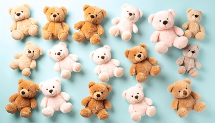 Obraz premium Adorable Arrangement of Plush Teddy Bears on a Light Blue Background, Studio Shot