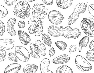 Nuts, hand-drawn, seamless pattern