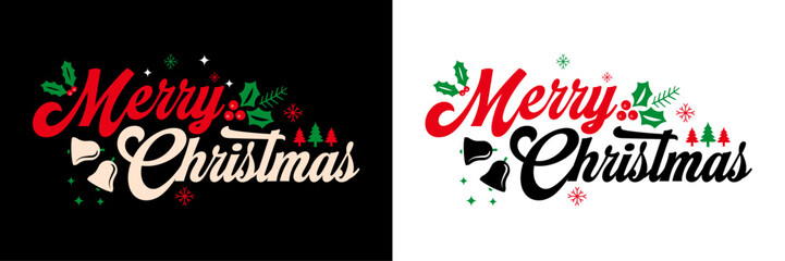 Merry christmas hand lettering calligraphy isolated on white background. Christmas typography lettering quotes illustration. Christmas illustration element Vector. bells, tree, postcard, social media