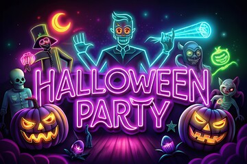Vibrant neon halloween party scene with spooky characters and pumpkins