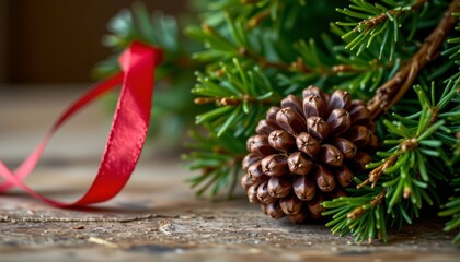 Obraz premium pine cone with red ribbon, christmas, no people, no text, no logo