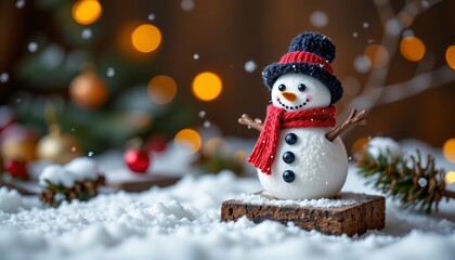 Obraz premium mini snowman on wood block, winter, no people, no text, no logo