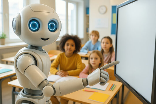Friendly humanoid robot teaching curious schoolchildren in classroom, innovative technology in modern education setting - Powered by Adobe