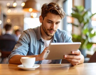 Fototapeta premium man working on a tablet at a stylish coffee shop