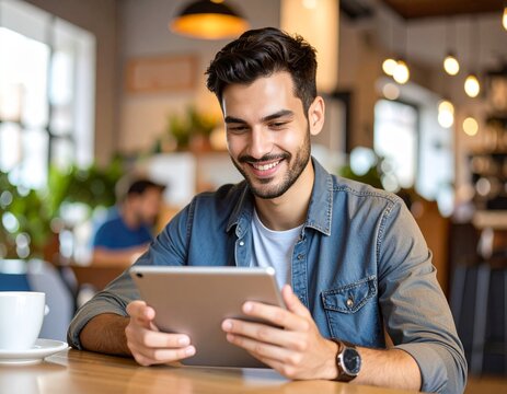 man working on a tablet at a stylish coffee shop
