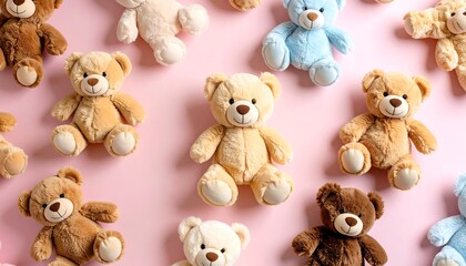 Adorable teddy bears arranged on a pink background creating a playful pattern