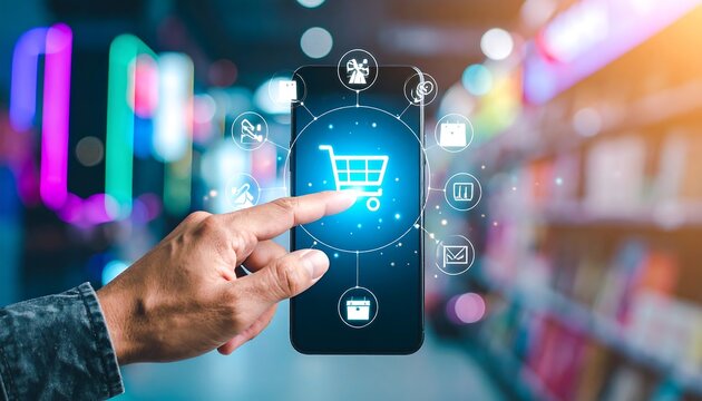 Seamless online shopping experience Hand interacts with mobile phone displaying a virtual shopping cart, symbolizing modern e-commerce and digital consumerism.