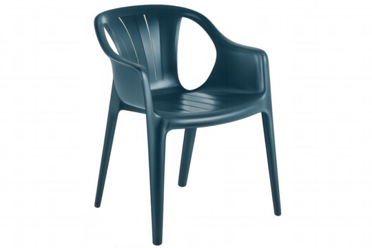 Studio shot of a teal plastic chair, ideal for modern interior designs, with a transparent background for easy integration into projects