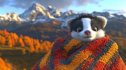 Fototapeta premium Cozy badger wrapped in a warm blanket, mountain scenery