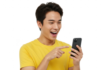 Excited young asian man pointing at his smartphone isolated on transparent background