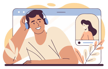 A smiling man wearing headphones engages in a video call with a woman on his computer screen. The scene depicts remote work or a casual conversation.