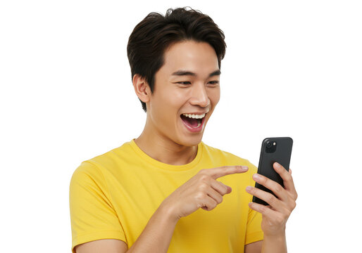 Excited young asian man pointing at his smartphone isolated on transparent background