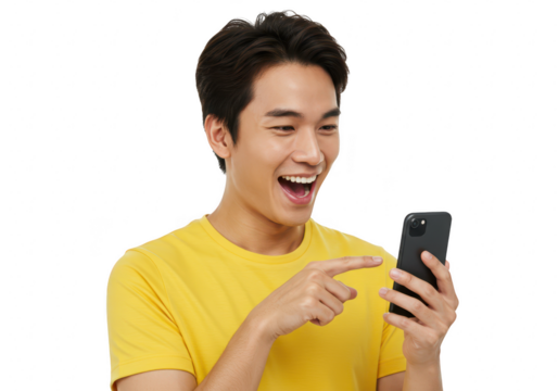 Excited young asian man pointing at his smartphone isolated on transparent background - Powered by Adobe