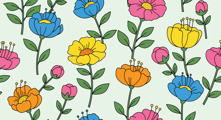 Fototapeta premium Seamless cheerful floral pattern with colorful smiling flowers, sunflowers, daisies, tulips, hearts, and cute bees in playful flat style design