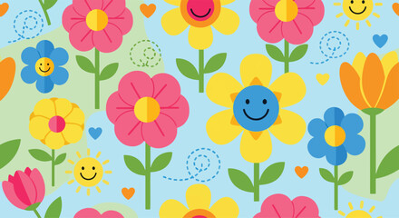 Seamless cheerful floral pattern with colorful smiling flowers, sunflowers, daisies, tulips, hearts, and cute bees in playful flat style design