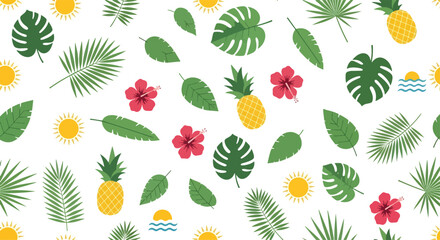 Seamless tropical foliage pattern with vibrant green palm leaves, monstera, banana leaves, pineapples, hibiscus flowers, frangipani, and summer sunset elements on white background