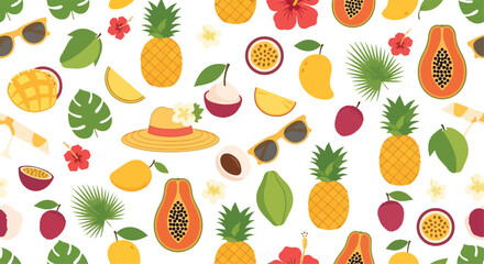 Seamless tropical fruit pattern with vibrant flat illustrations of pineapples, mangoes, papayas, bananas, passion fruits, ice cream, sunglasses, and summer beach elements on white background