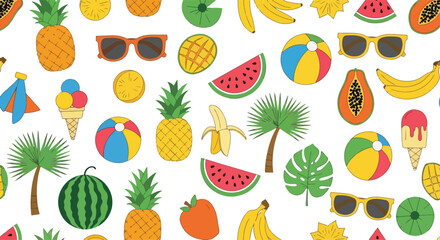 Seamless tropical fruit pattern with vibrant flat illustrations of pineapples, mangoes, papayas, bananas, passion fruits, ice cream, sunglasses, and summer beach elements on white background