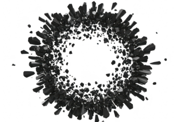 Black particles bursting outwards in a circular pattern isolated on transparent background