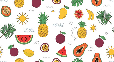 Seamless tropical fruit pattern with vibrant flat illustrations of pineapples, mangoes, papayas, bananas, passion fruits, ice cream, sunglasses, and summer beach elements on white background